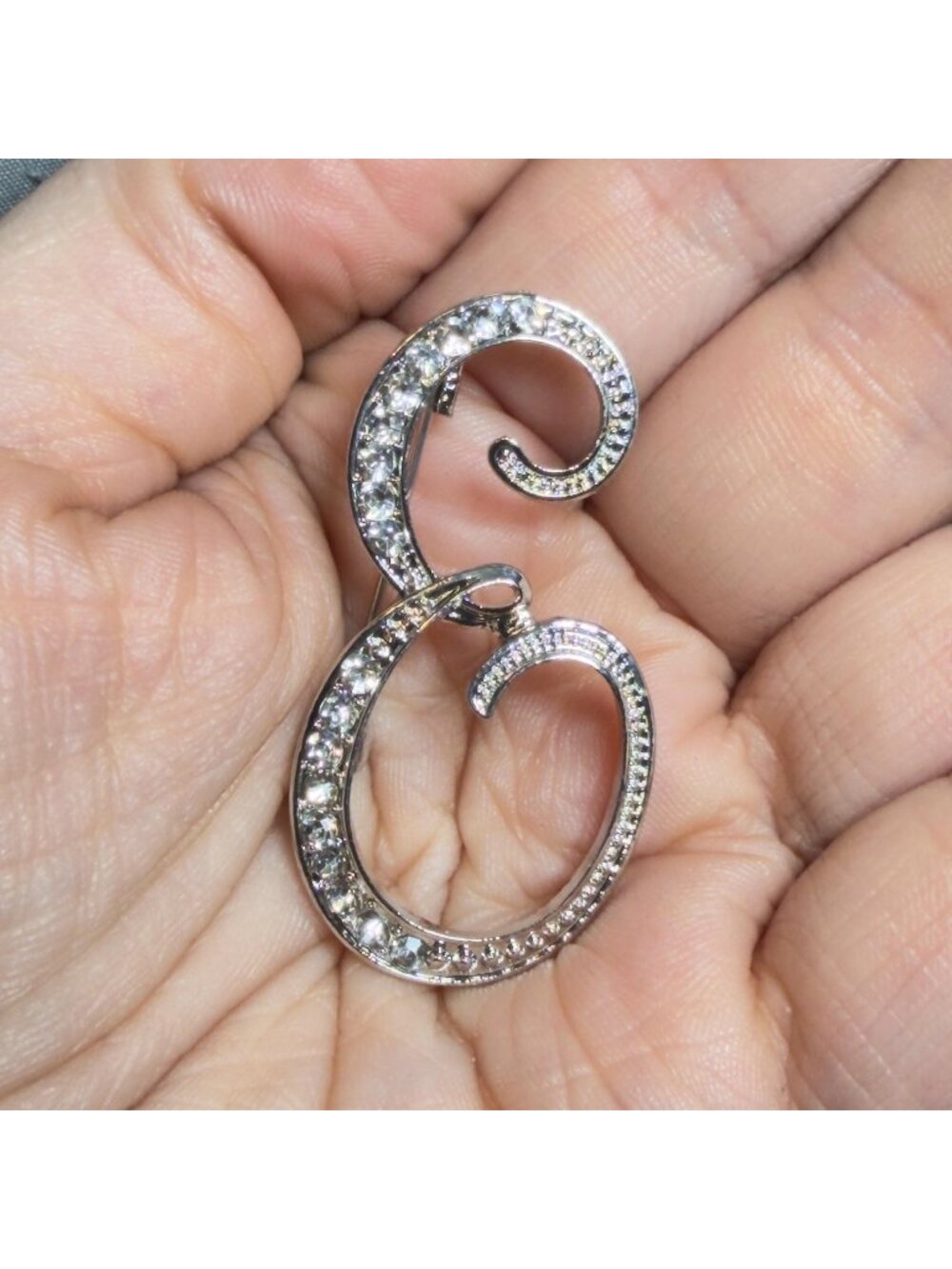 Letter E Rhinestone Initial Brooch Silver Tone Monogram Pin 1.75”